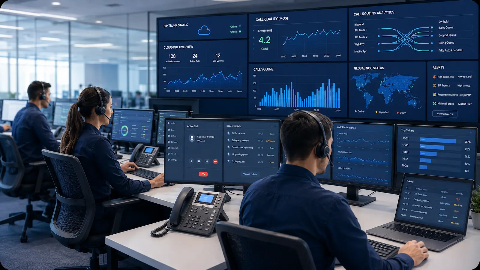 VoIP Support Pro NOC engineers monitoring global SIP, cloud-PBX and call analytics dashboards 24/7.