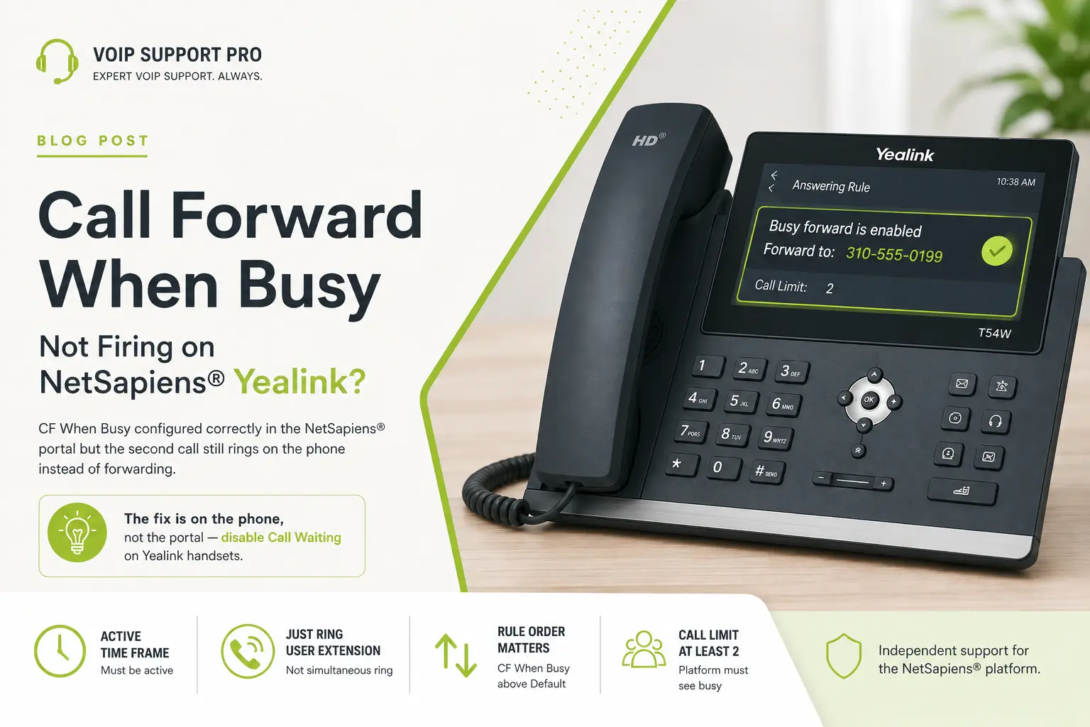 Yealink IP phone showing "Busy forward is enabled" — the answering rule is set correctly in the NetSapiens portal but call waiting on the handset is intercepting the second call before the forward can fire
