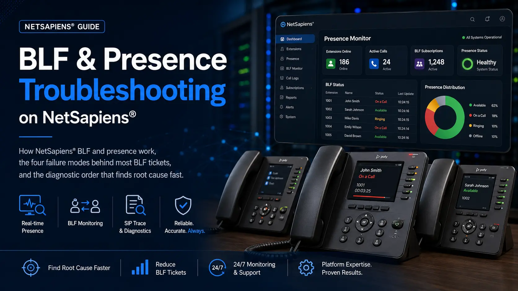 BLF and presence monitoring dashboard on NetSapiens with desk phones showing status