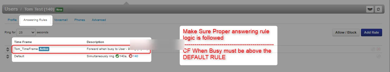 Answering rules list showing the "Forward when busy" rule active in a time frame, above the Default rule