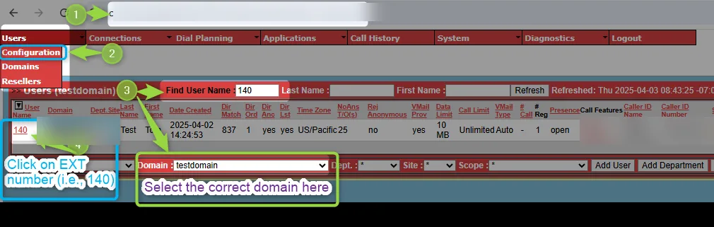 NMS core module users configuration page filtered by extension 140, showing where to click through to the user's per-extension configuration
