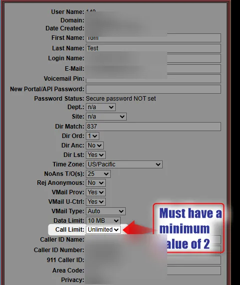 User configuration panel showing the Call Limit field with an annotation indicating it must have a minimum value of 2 for Call Forward When Busy to fire