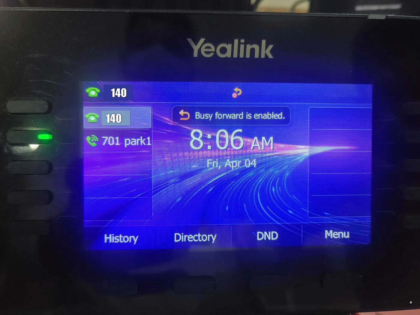 Yealink T54W phone screen showing "Busy forward is enabled" indicator confirming the phone is aware of the CF When Busy answering rule