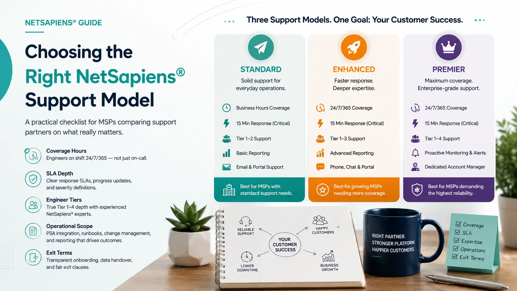 Standard, Enhanced, and Premier NetSapiens support model comparison with coverage, SLA, and expertise tiers