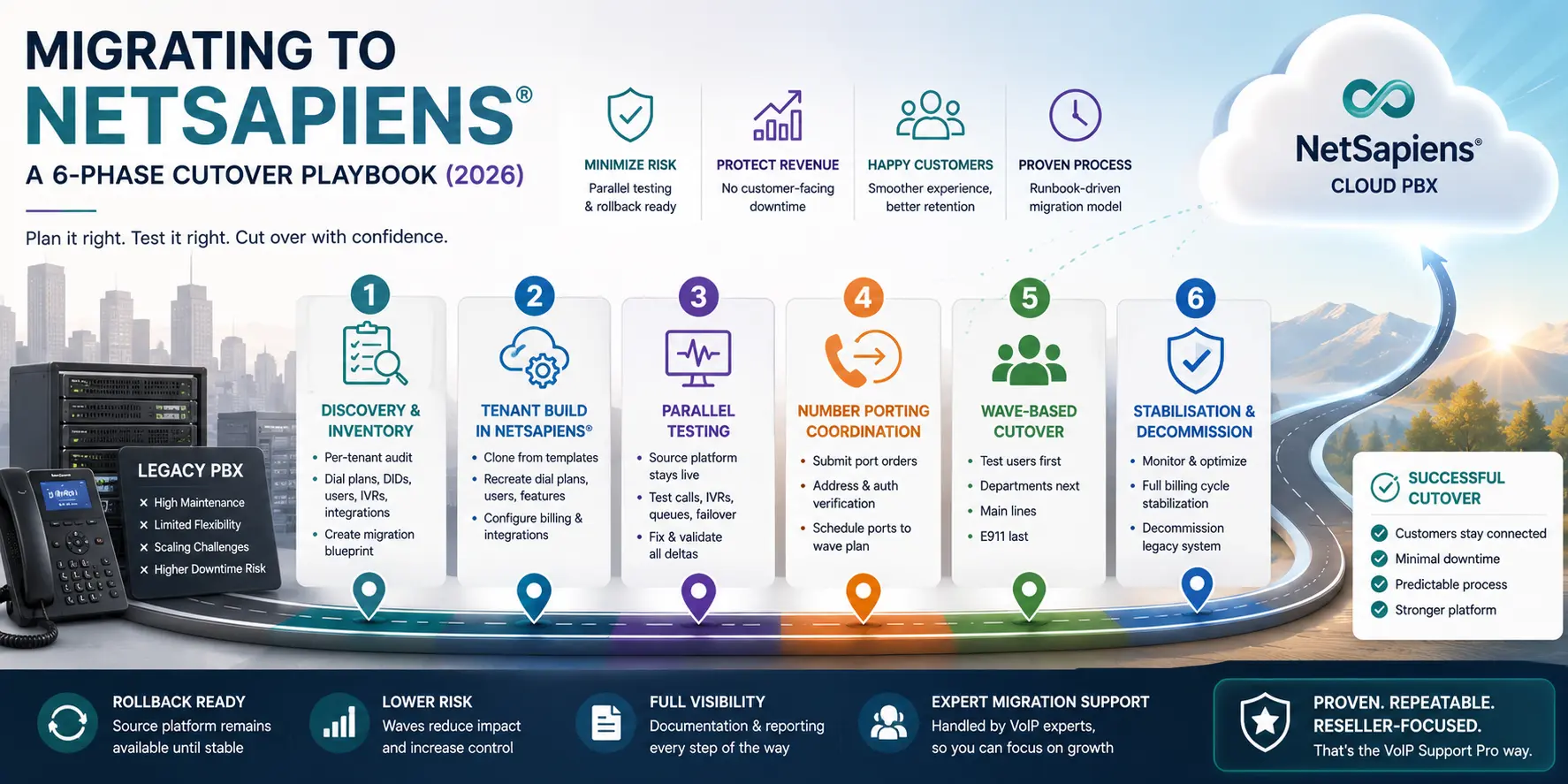 NetSapiens 6-phase migration playbook: assess, plan, prepare, migrate, validate, and cut over