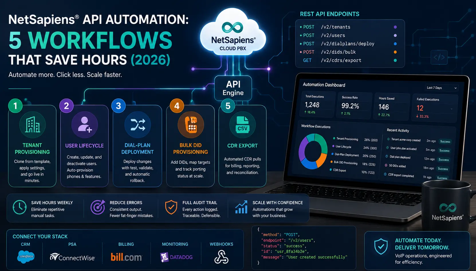 NetSapiens API automation workflow with endpoints, execution stats, and CRM integrations