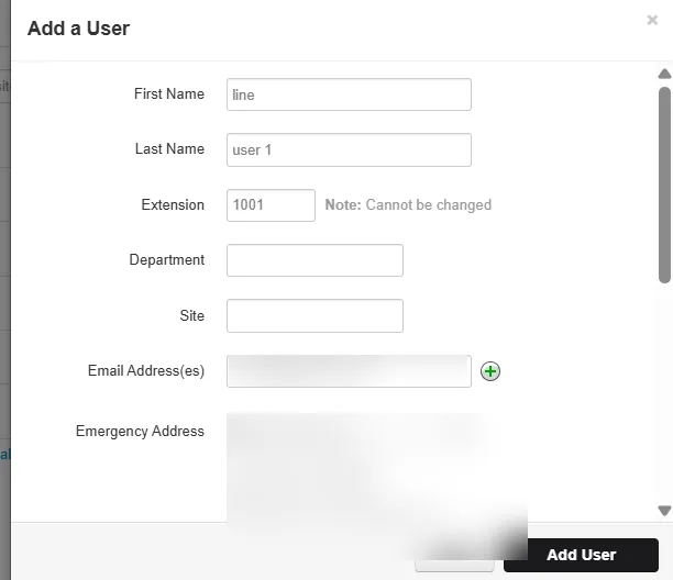 Add a User dialog in NetSapiens with first/last name, extension 1001, and the emergency address blurred