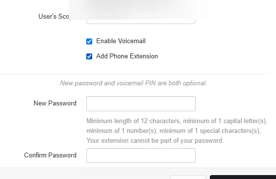 User scope and options with "Enable Voicemail" and "Add Phone Extension" checked