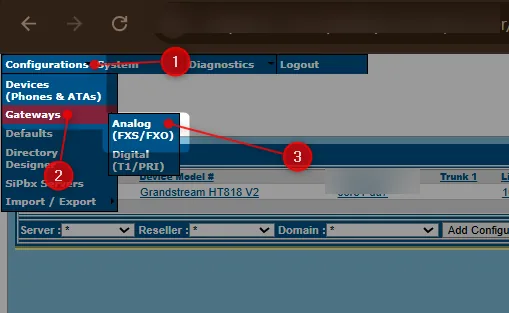 NDP endpoints server menu path: Configurations → Gateways → Analog (FXS/FXO), with the server URL blurred