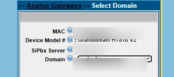 Select Domain screen with MAC, SiPbx server, and the tenant domain (blurred)