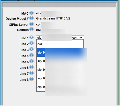 Line assignment screen mapping ATA lines to sip:1001–1005 extensions, with the domain blurred