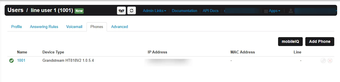 Users → Phones tab showing the Grandstream HT818 line registered (green), with the admin username and device IP blurred