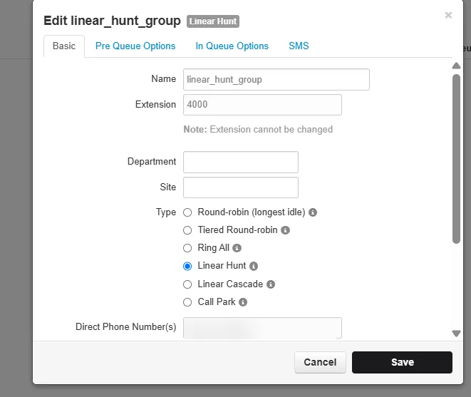 Edit call queue Basic tab with Type set to Linear Hunt and the direct phone number blurred