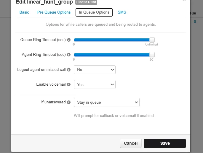 In Queue Options tab with queue and agent ring timeouts and unanswered handling