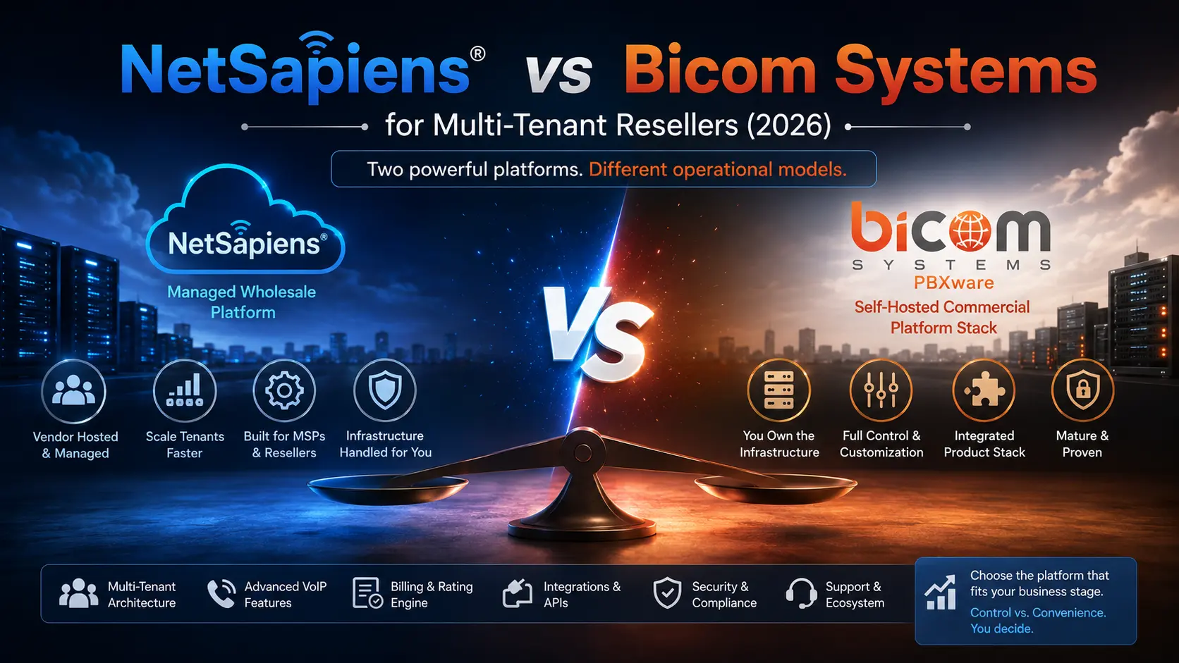 Multi-tenant platform comparison of NetSapiens and Bicom Systems across tenant management, billing, and integrations
