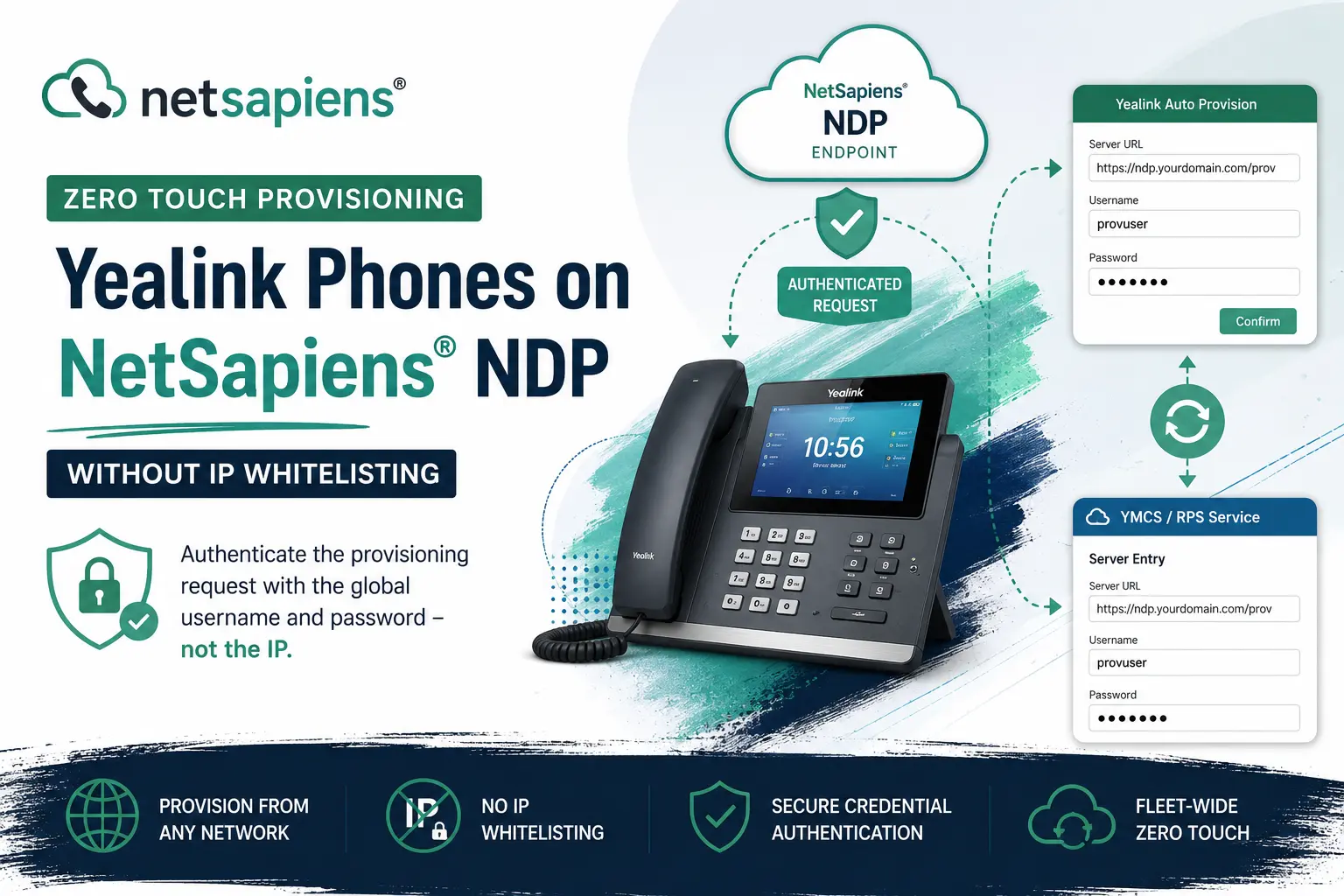 Yealink Auto Provision screen with the NetSapiens NDP Server URL, username provuser, and password fields filled in