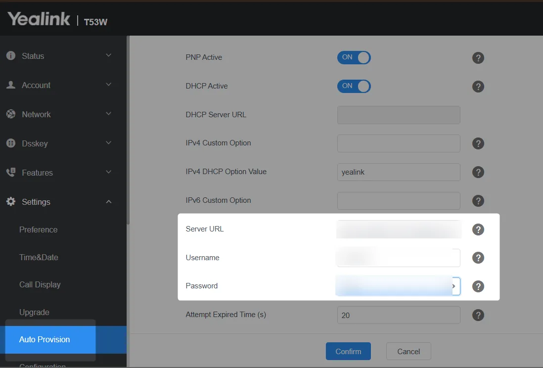 Yealink T53W Auto Provision screen with the NetSapiens NDP Server URL blurred, username set to provuser, and the password field populated