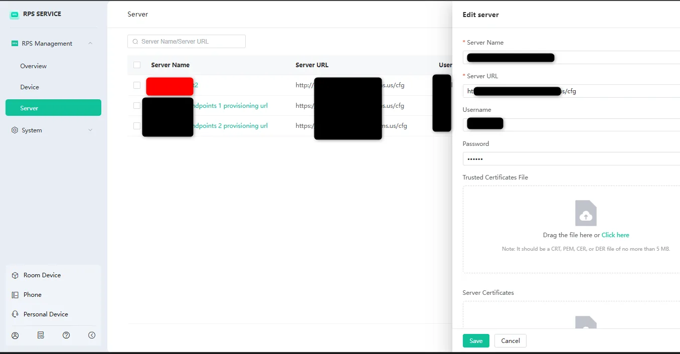 YMCS RPS Service "Edit server" panel with the server name, server URL, and username redacted, and the username/password fields being set