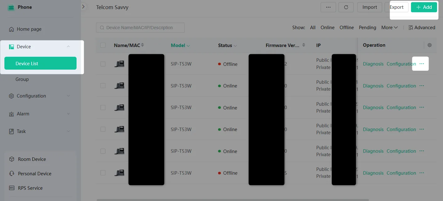YMCS device management list showing Yealink SIP-T53W phones with names, MACs, and IP columns redacted