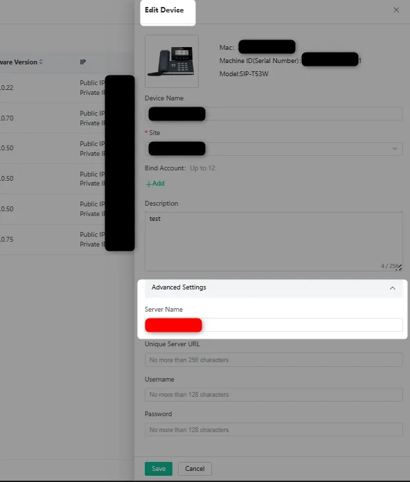 YMCS Edit Device dialog, Advanced Settings expanded, selecting the Server Name that carries the NDP URL and credentials