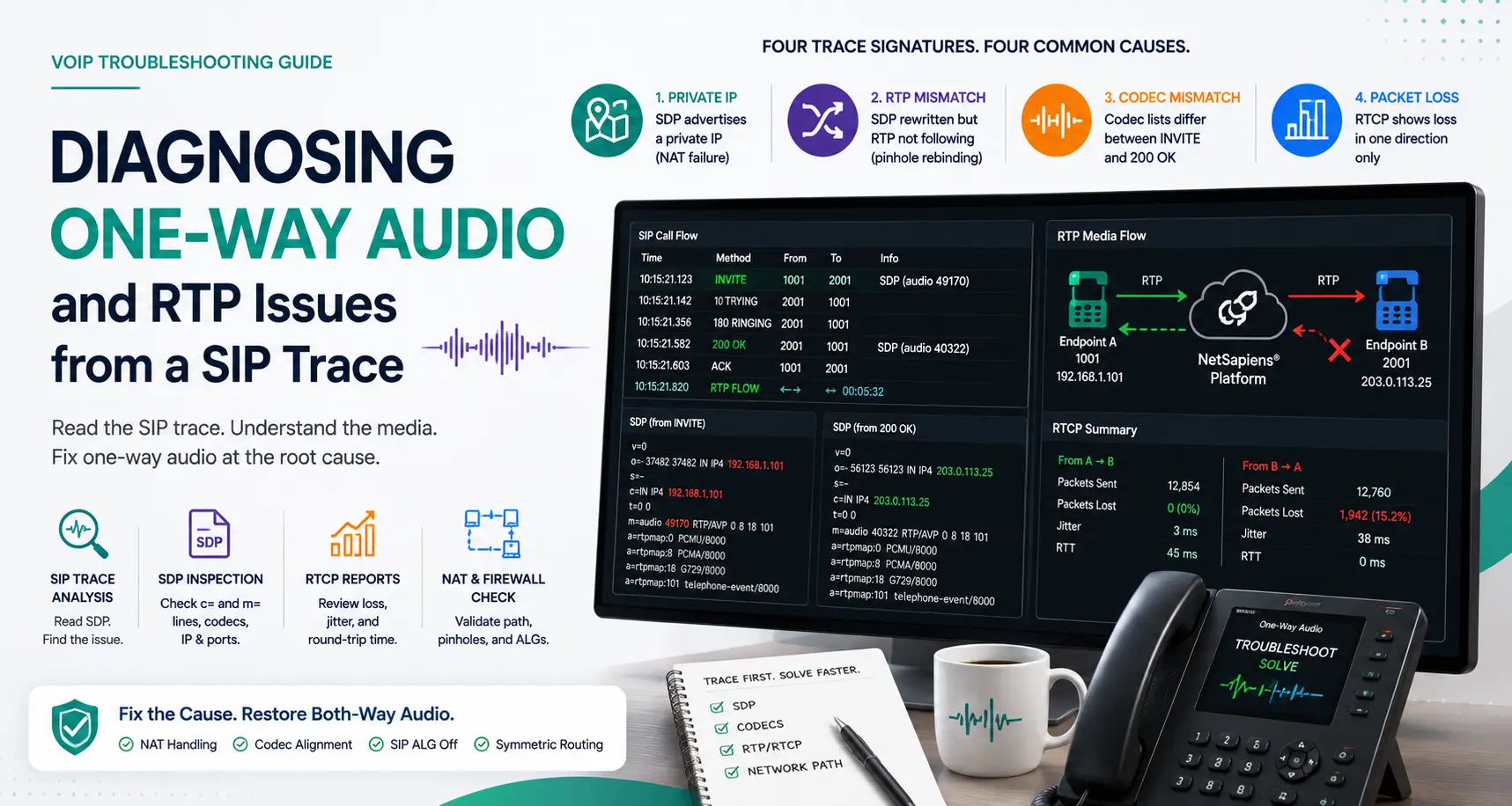 SIP trace and RTP media flow analysis for diagnosing one-way audio