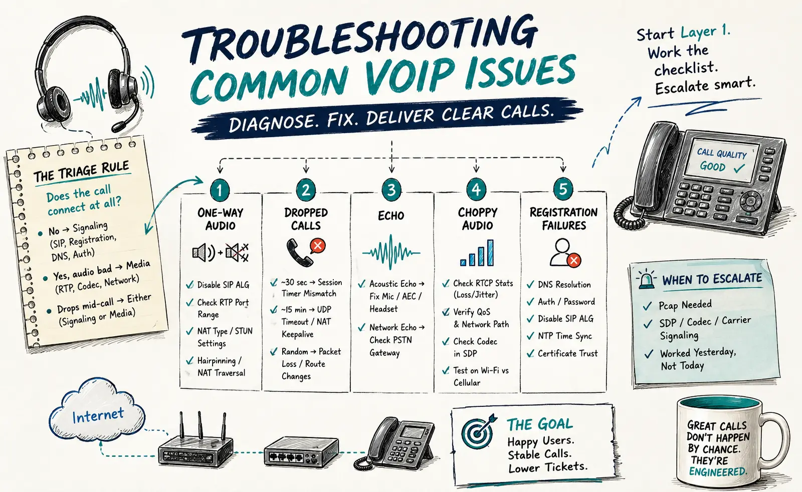 VoIP troubleshooting dashboard showing SIP registration issues, RTP diagnostics, call path, and health score