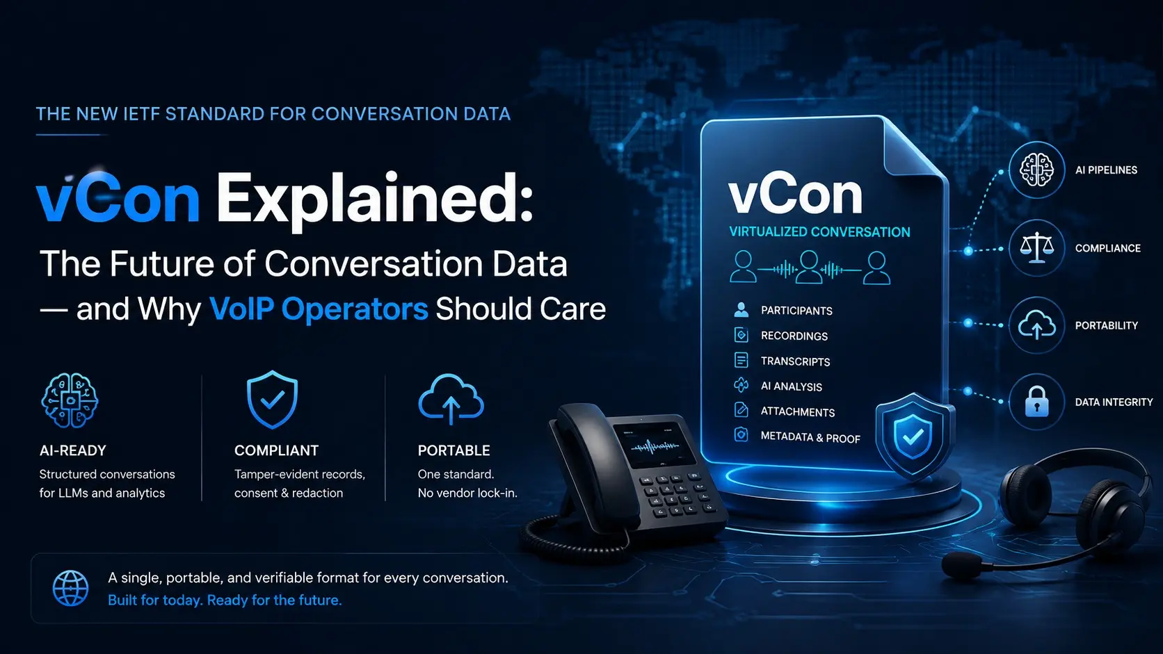 vCon Explained — the IETF Virtualized Conversation JSON container packaging participants, recordings, transcripts, AI analysis, attachments and integrity proof into one portable file, shown with a VoIP desk phone and headset.
