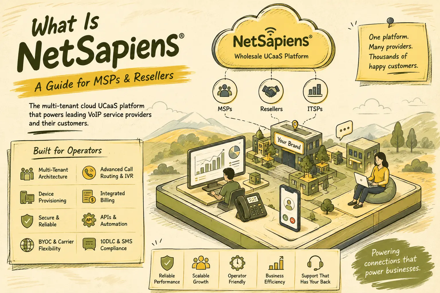 NetSapiens cloud PBX platform overview showing MSP and reseller operations, connectivity, and analytics